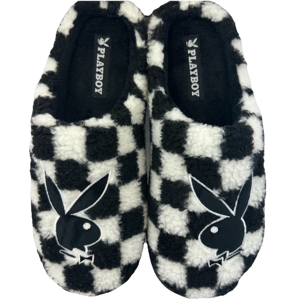 Playboy Bunny Slippers Men's Large 13-14 Black White Check Sherpa Memory Foam